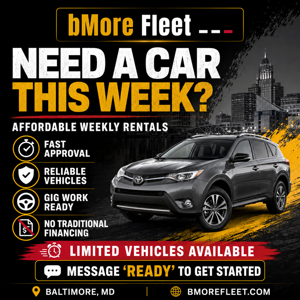 bMore Fleet weekly car rentals for gig drivers in Baltimore, fast approval and no traditional financing